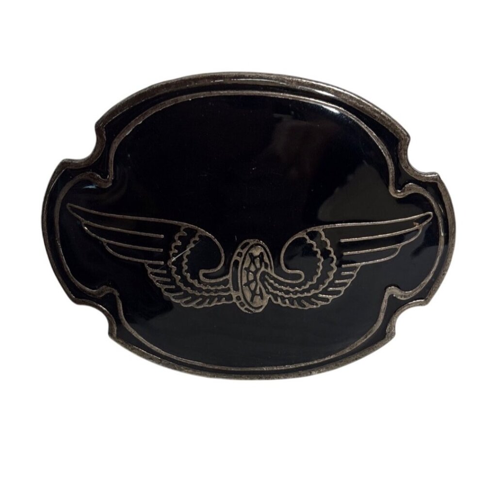 Guess Belt Buckle Silver & Black With Wings 4 x 3" Western Vintage